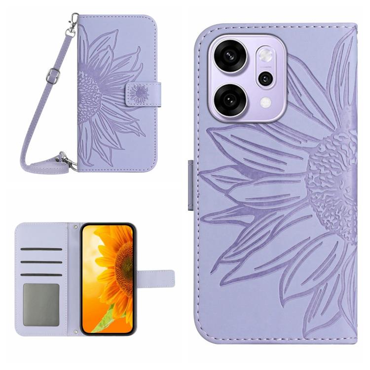 

For OPPO Reno14 Pro 5G Global Skin Feel Sun Flower Embossed Flip Leather Phone Case with Lanyard(Purple)