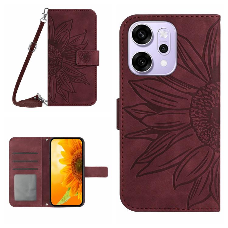 

For OPPO Reno14 Pro 5G Global Skin Feel Sun Flower Embossed Flip Leather Phone Case with Lanyard(Wine Red)