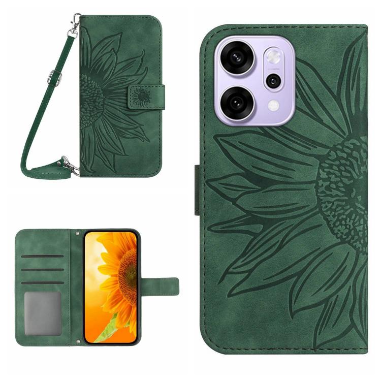 

For OPPO Reno14 Pro 5G Global Skin Feel Sun Flower Embossed Flip Leather Phone Case with Lanyard(Green)