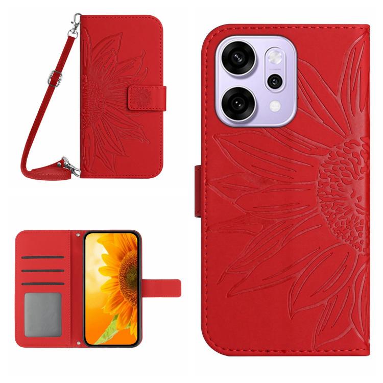 

For OPPO Reno14 5G Global Skin Feel Sun Flower Embossed Flip Leather Phone Case with Lanyard(Red)