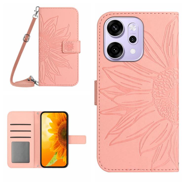 

For OPPO Reno14 5G Global Skin Feel Sun Flower Embossed Flip Leather Phone Case with Lanyard(Pink)
