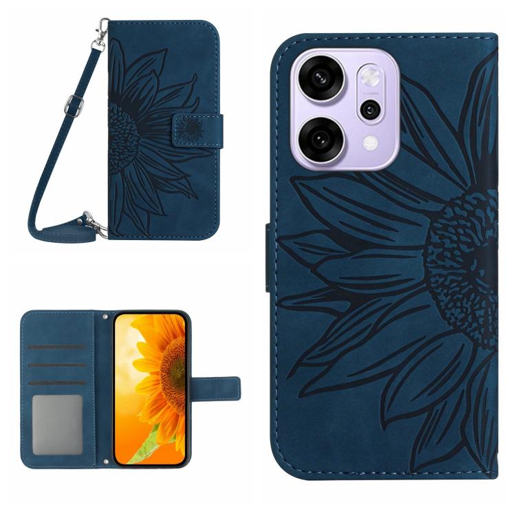 

For OPPO Reno14 5G Global Skin Feel Sun Flower Embossed Flip Leather Phone Case with Lanyard(Inky Blue)