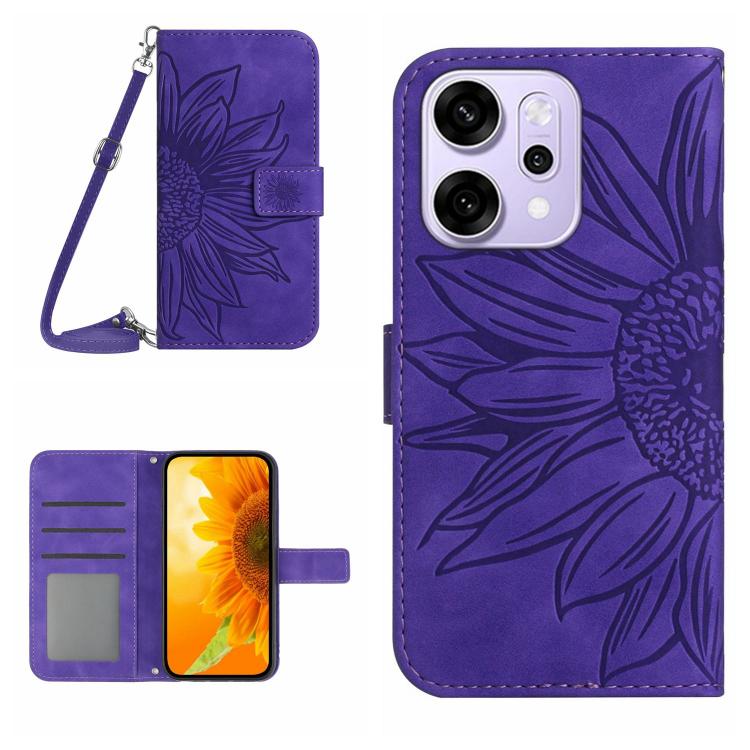 

For OPPO Reno14 5G Global Skin Feel Sun Flower Embossed Flip Leather Phone Case with Lanyard(Dark Purple)
