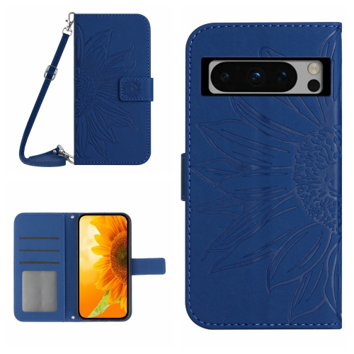 

For Google Pixel 8 Pro Skin Feel Sun Flower Embossed Flip Leather Phone Case with Lanyard(Dark Blue)