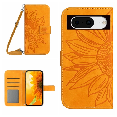 

For Google Pixel 8a Skin Feel Sun Flower Embossed Flip Leather Phone Case with Lanyard(Yellow)