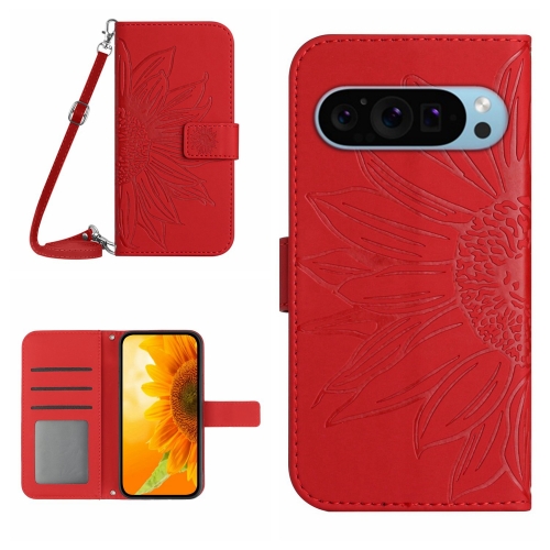 

For Google Pixel 9 Pro XL Skin Feel Sun Flower Embossed Flip Leather Phone Case with Lanyard(Red)