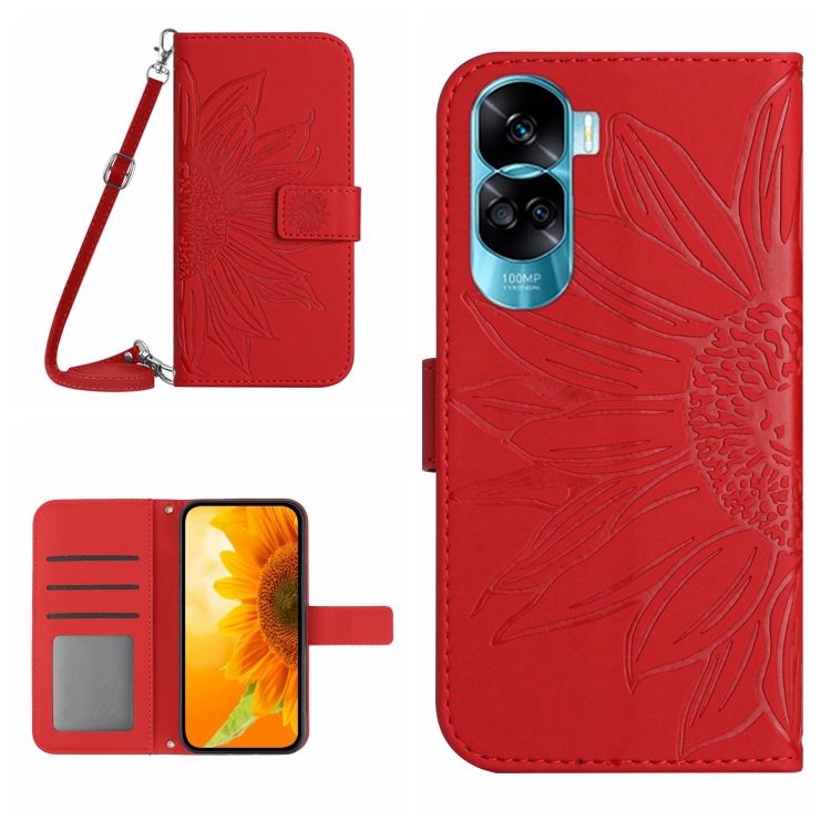 

For Honor 90 Lite Skin Feel Sun Flower Pattern Leather Phone Case with Lanyard(Red)