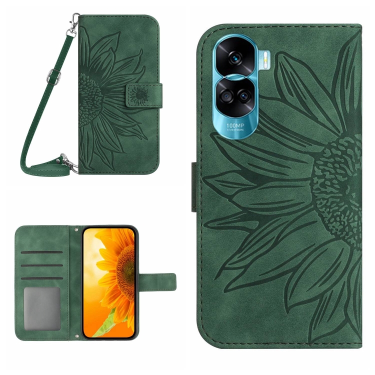 

For Honor 90 Lite Skin Feel Sun Flower Pattern Leather Phone Case with Lanyard(Green)