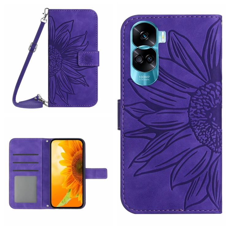 

For Honor 90 Lite Skin Feel Sun Flower Pattern Leather Phone Case with Lanyard(Dark Purple)