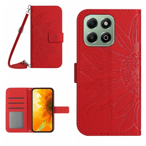 

For Honor 200 Smart Global Skin Feel Sun Flower Pattern Leather Phone Case with Lanyard(Red)