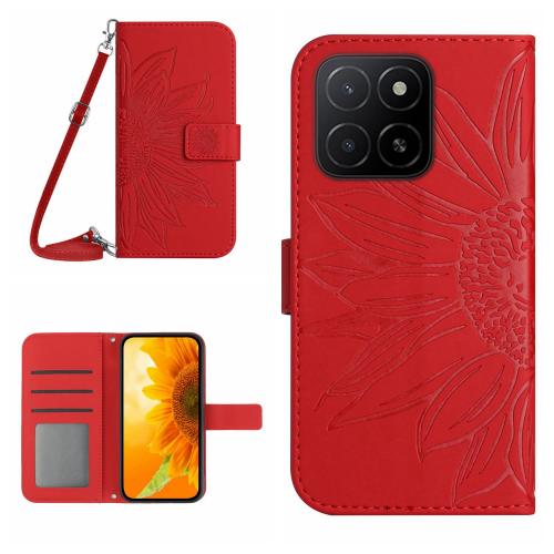 

For Honor X8c 4G Skin Feel Sun Flower Pattern Leather Phone Case with Lanyard(Red)