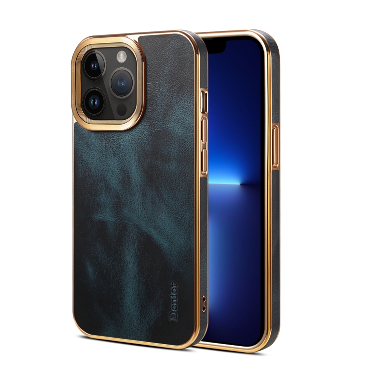 

For iPhone 13 Pro Max Denior Oil Wax Cowhide Plating Phone Case(Blue)