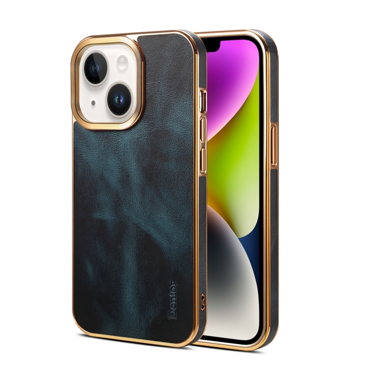 

For iPhone 14 Denior Oil Wax Cowhide Plating Phone Case(Blue)
