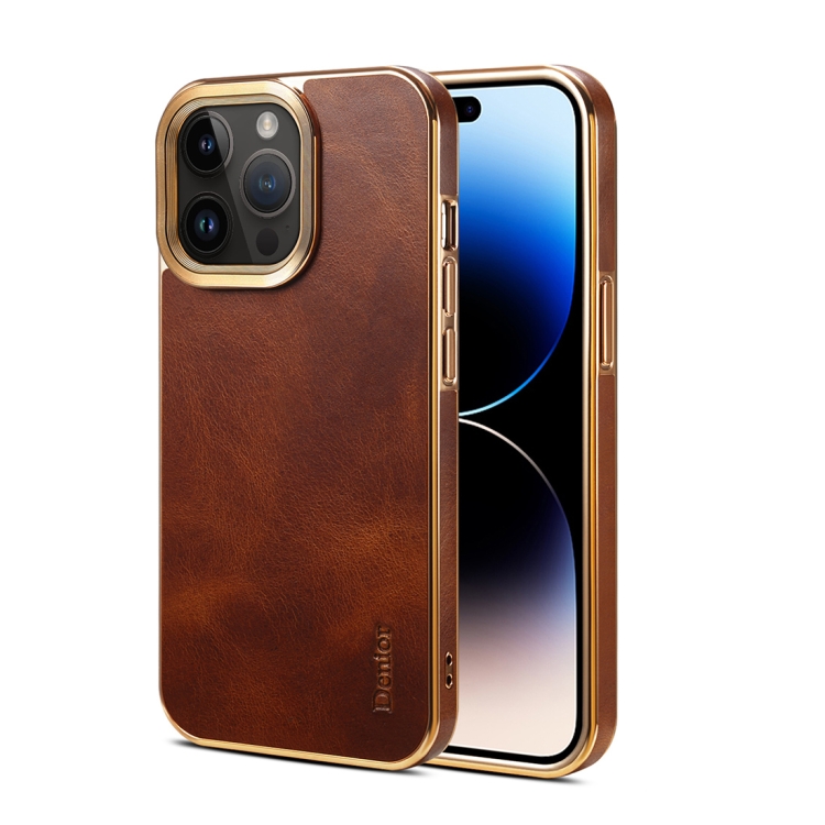 

For iPhone 14 Pro Max Denior Oil Wax Cowhide Plating Phone Case(Brown)