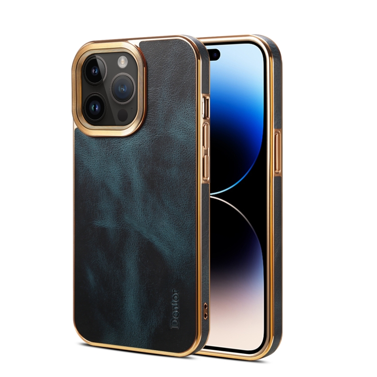 

For iPhone 15 Pro Max Denior Oil Wax Cowhide Plating Phone Case(Blue)