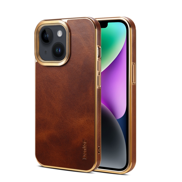 

For iPhone 15 Plus Denior Oil Wax Cowhide Plating Phone Case(Brown)