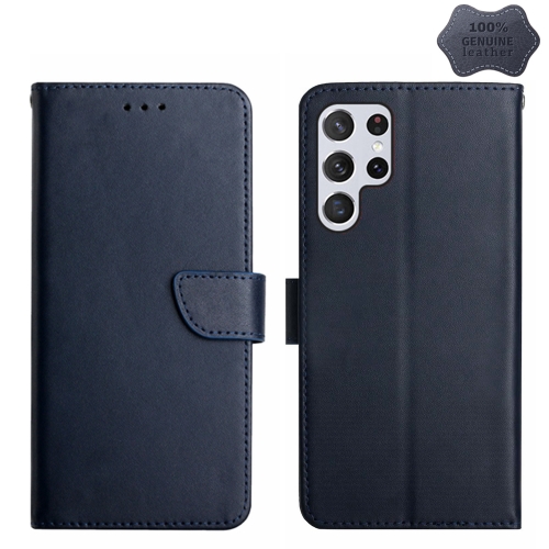 

For Samsung Galaxy S24 Ultra 5G HT02 Genuine Leather Fingerprint-proof Flip Phone Case(Blue)
