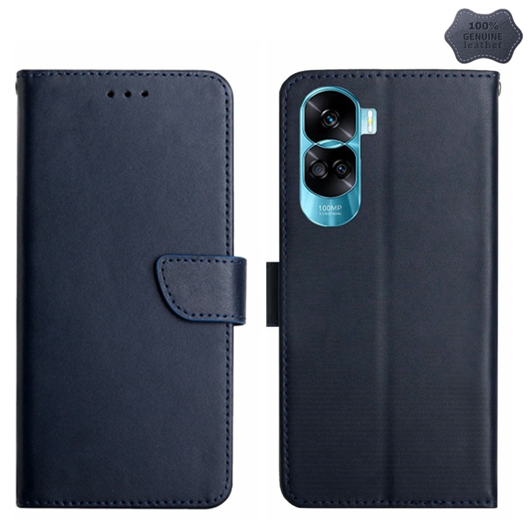 

For Honor 90 Lite HT02 Genuine Leather Fingerprint-proof Flip Phone Case(Blue)