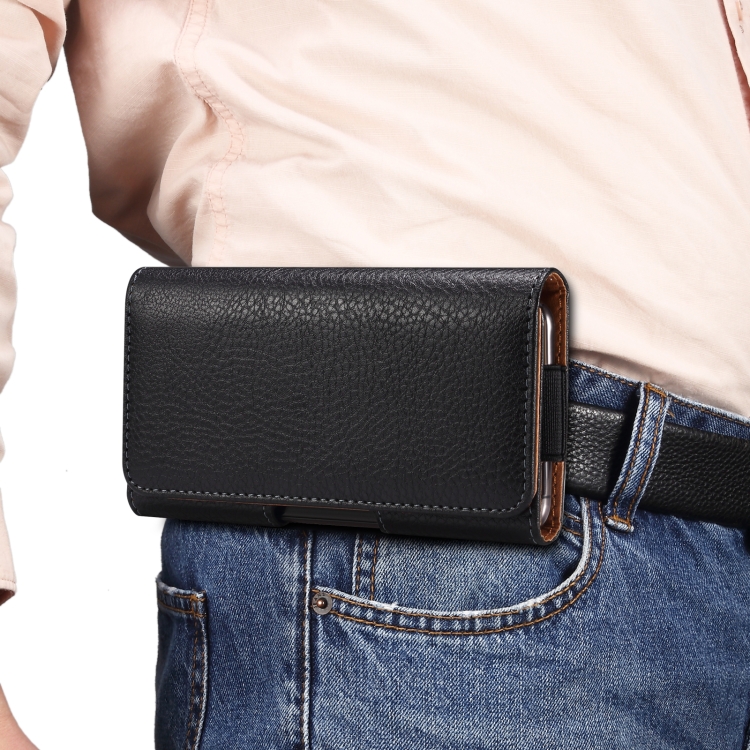 

For 6.7-6.9 inch Phone Litchi Texture Iron Clip Back Buckle Waist-mounted Phone Case Horizontal Plate(Black)