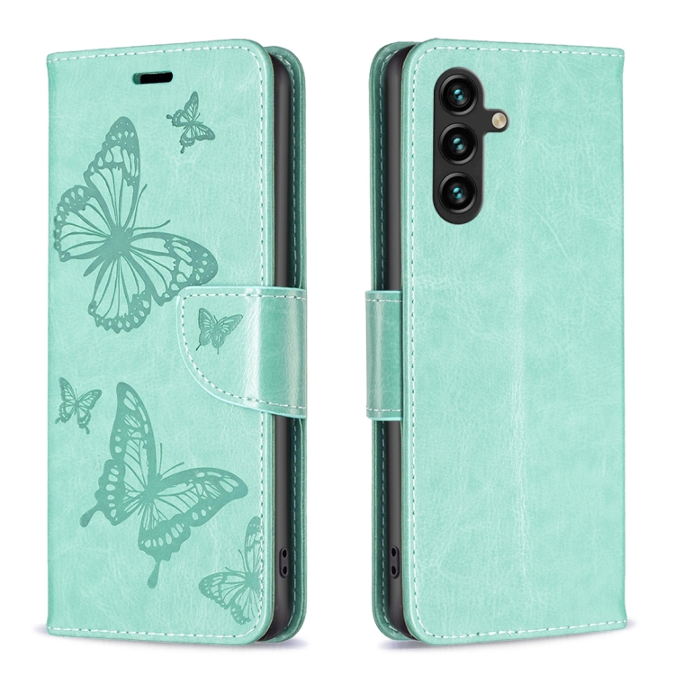 

For Samsung Galaxy A15 Embossing Two Butterflies Pattern Leather Phone Case(Green)