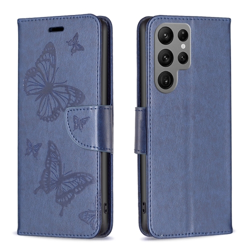 

For Samsung Galaxy S24 Ultra 5G Embossing Two Butterflies Pattern Leather Phone Case(Blue)