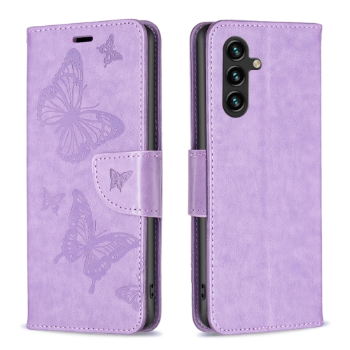 

For Samsung Galaxy A35 Embossing Two Butterflies Pattern Leather Phone Case(Purple)