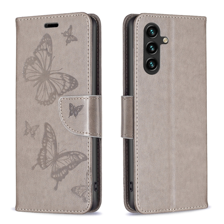 

For Samsung Galaxy A35 Embossing Two Butterflies Pattern Leather Phone Case(Grey)