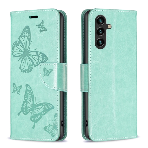 

For Samsung Galaxy A55 Embossing Two Butterflies Pattern Leather Phone Case(Green)