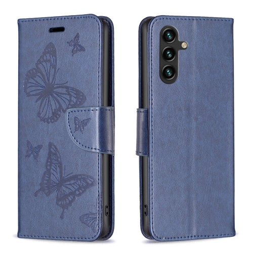 

For Samsung Galaxy A55 Embossing Two Butterflies Pattern Leather Phone Case(Blue)