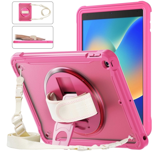 

For iPad 10.2 2021 / 2020 / 2019 Heavy Duty Hybrid Tablet Case with Handle & Strap(Rose Red)