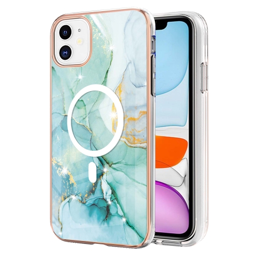 For iPhone 11 Marble Pattern Dual-side IMD Magsafe TPU Phone Case(Green 003) custom zebra pattern art glass mosaic tile mural design for lifelike wall decorate