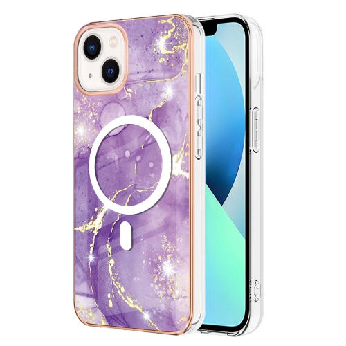 For iPhone 14 Marble Pattern Dual-side IMD Magsafe TPU Phone Case(Purple 002)