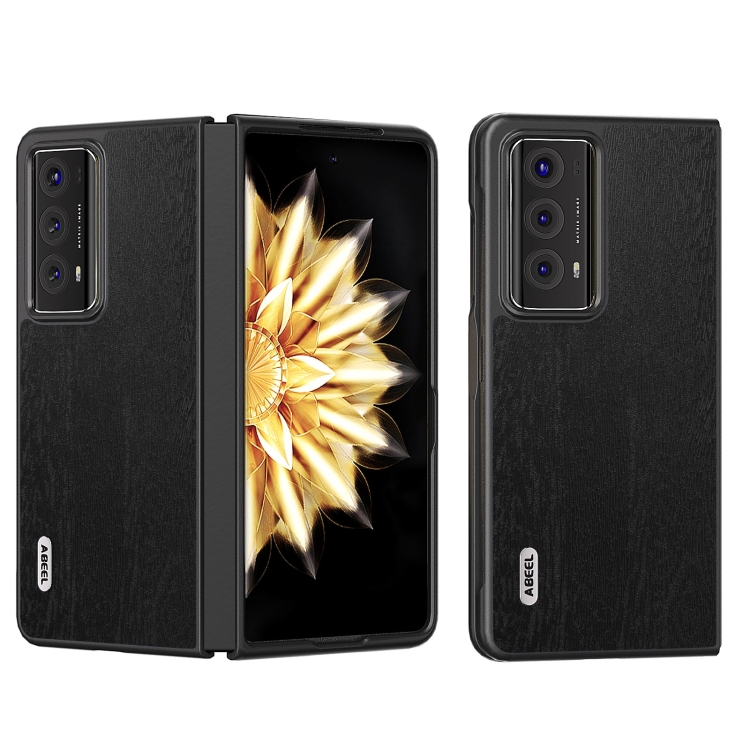 

For Honor Magic V2 ABEEL Wood Texture PU Phone Case(Black)