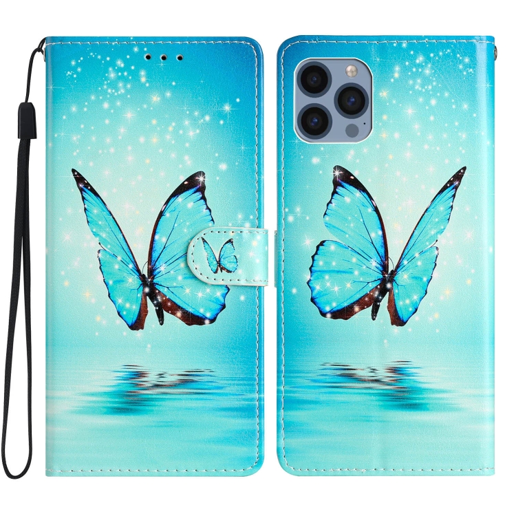 

For iPhone 15 Pro Max Colored Drawing Leather Phone Case(Blue Butterfly)