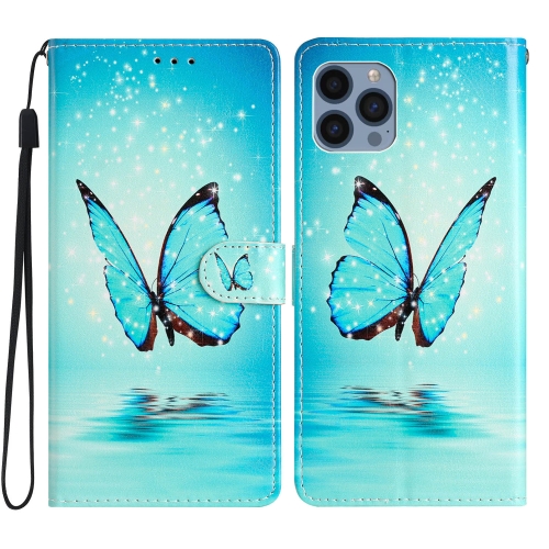 

For iPhone 15 Pro Colored Drawing Leather Phone Case(Blue Butterfly)