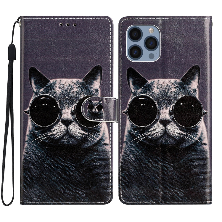 

For iPhone 15 Pro Colored Drawing Leather Phone Case(Sunglasses Cat)