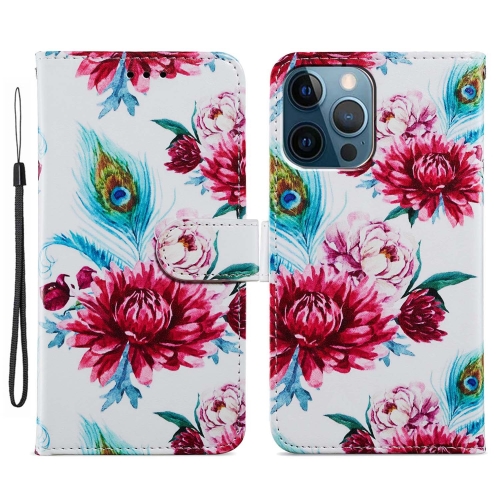 

For iPhone 15 Pro Colored Drawing Leather Phone Case(Peacock Flower)