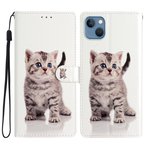 

For iPhone 15 Plus Colored Drawing Leather Phone Case(Little Tabby Cat)