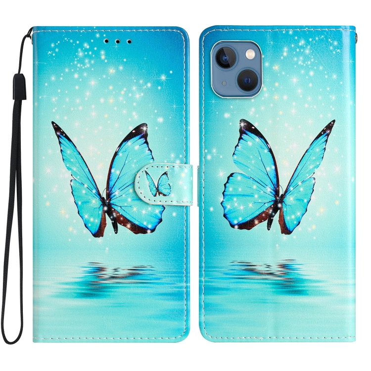 

For iPhone 15 Colored Drawing Leather Phone Case(Blue Butterfly)