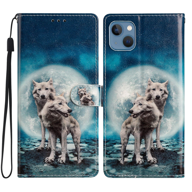 

For iPhone 15 Colored Drawing Leather Phone Case(Twin Wolves)