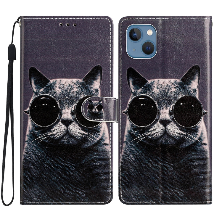 

For iPhone 15 Colored Drawing Leather Phone Case(Sunglasses Cat)
