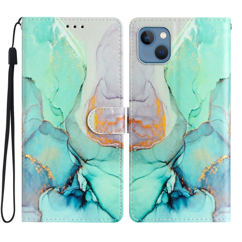 

For iPhone 15 Colored Drawing Leather Phone Case(Green Marble)