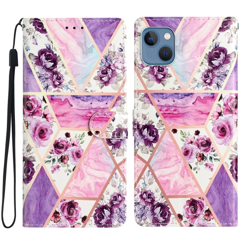 

For iPhone 15 Colored Drawing Leather Phone Case(Purple Marble)