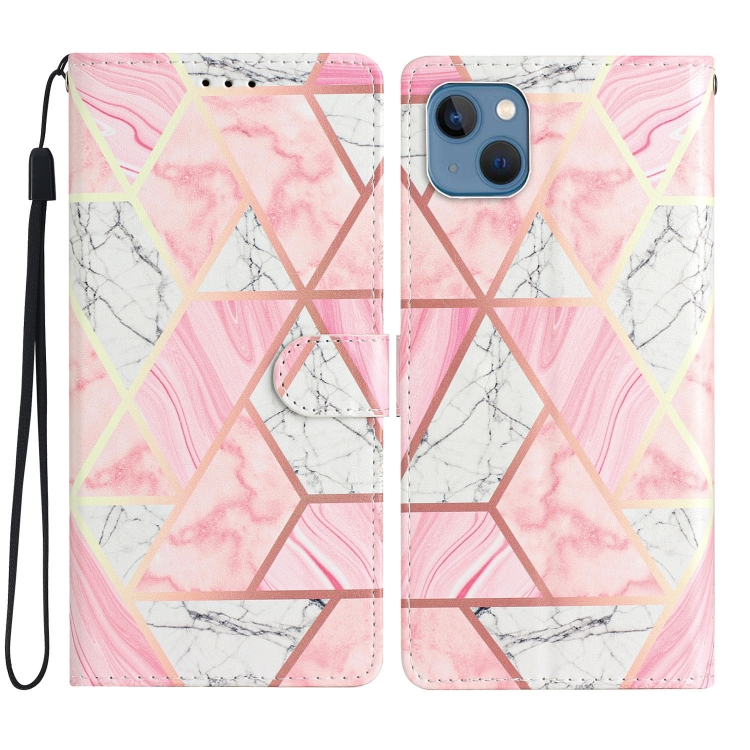 

For iPhone 15 Colored Drawing Leather Phone Case(Pink Marble)