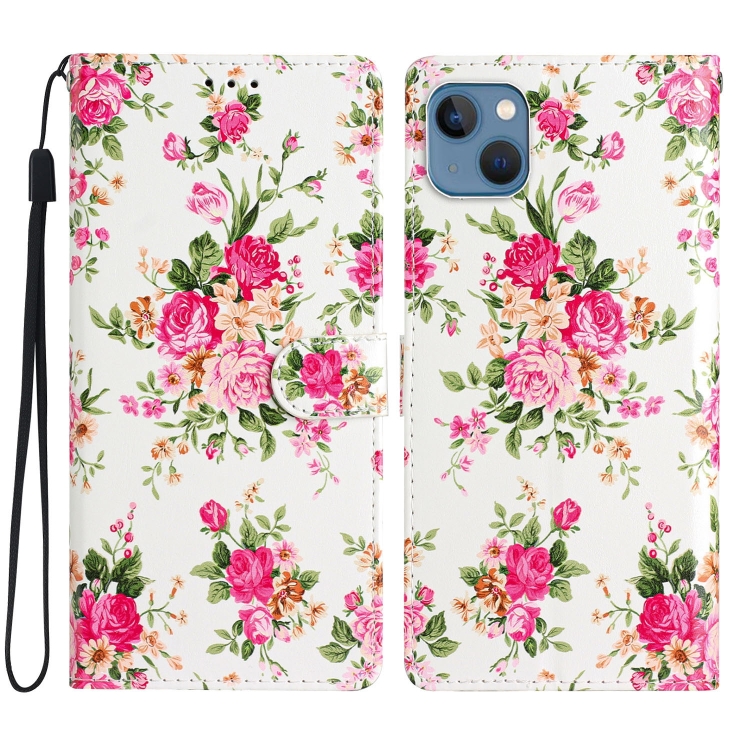 

For iPhone 15 Colored Drawing Leather Phone Case(Peonies)