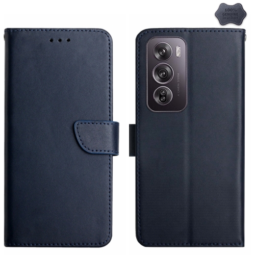 

For OPPO Reno12 Pro 5G Global HT02 Genuine Leather Fingerprint-proof Flip Phone Case(Blue)