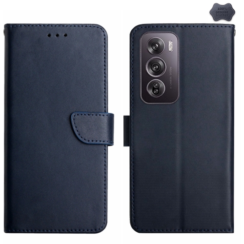 

For OPPO Reno12 5G Global HT02 Genuine Leather Fingerprint-proof Flip Phone Case(Blue)