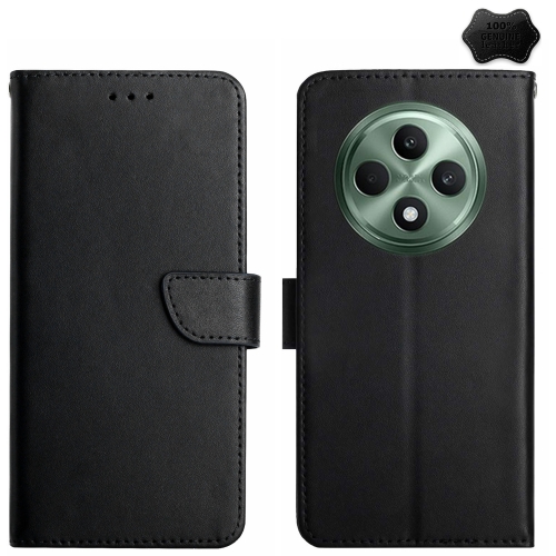 

For OPPO Reno12 F 5G Global HT02 Genuine Leather Fingerprint-proof Flip Phone Case(Black)