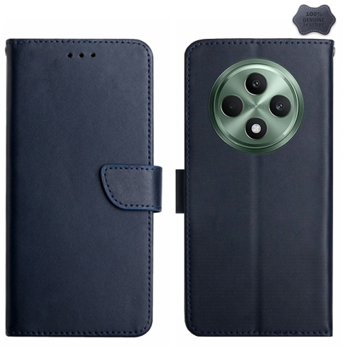 

For OPPO Reno12 F 5G Global HT02 Genuine Leather Fingerprint-proof Flip Phone Case(Blue)