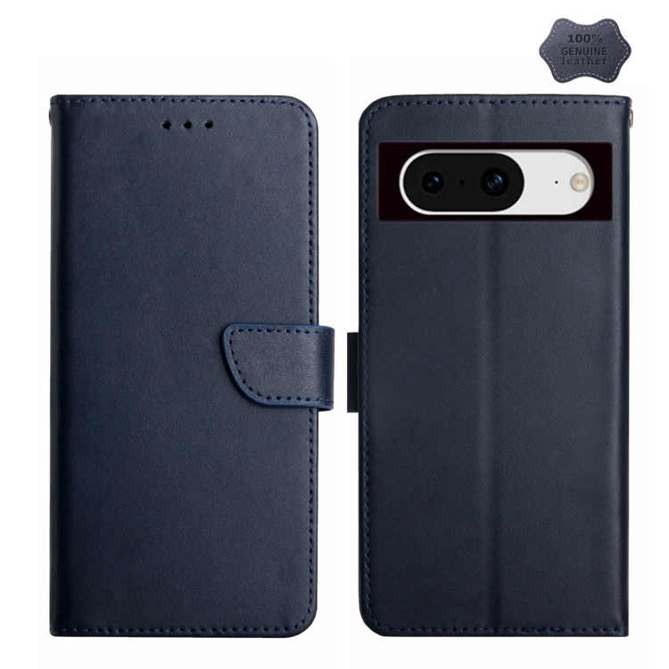

For Google Pixel 8 HT02 Genuine Leather Fingerprint-proof Flip Phone Case(Blue)